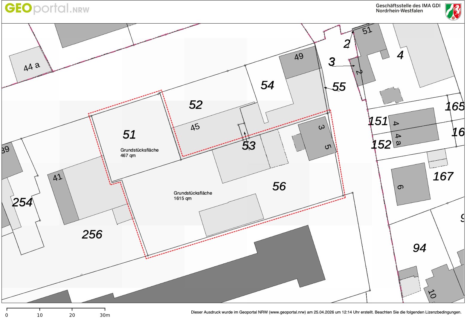 Lageplan der zwei Flurstücke mit 467 m² und 1.615 m², Quelle GEOportal.NRW