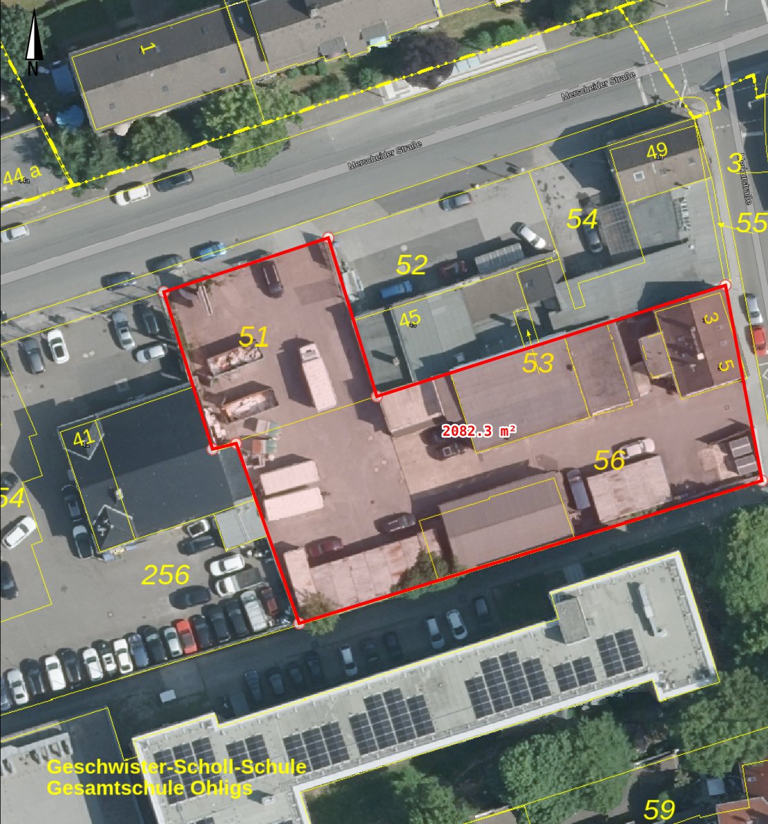 Luftbild des rund 2.082 m² großen Grundstücks Merkurstraße 3/5 mit markierten Grenzen